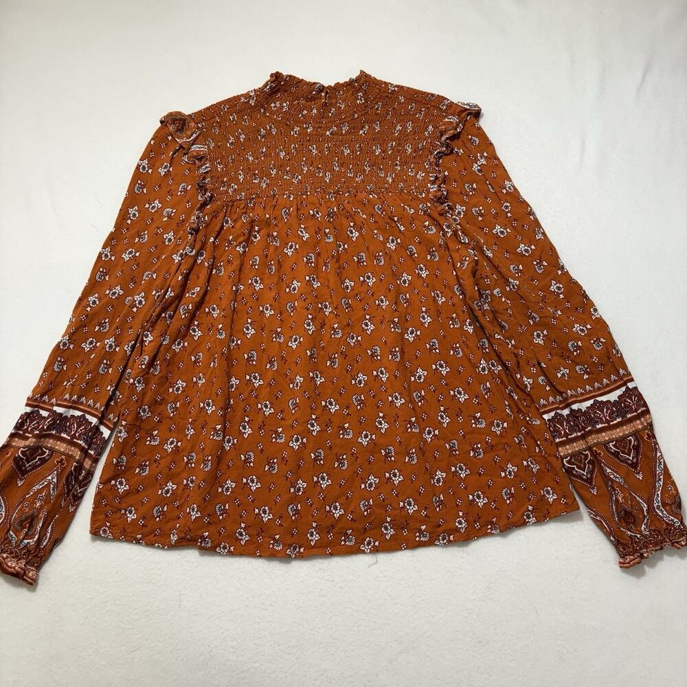 Forever 21 Women's Medium Smocked Boho Top Long Sleeve Orange Floral Blouse